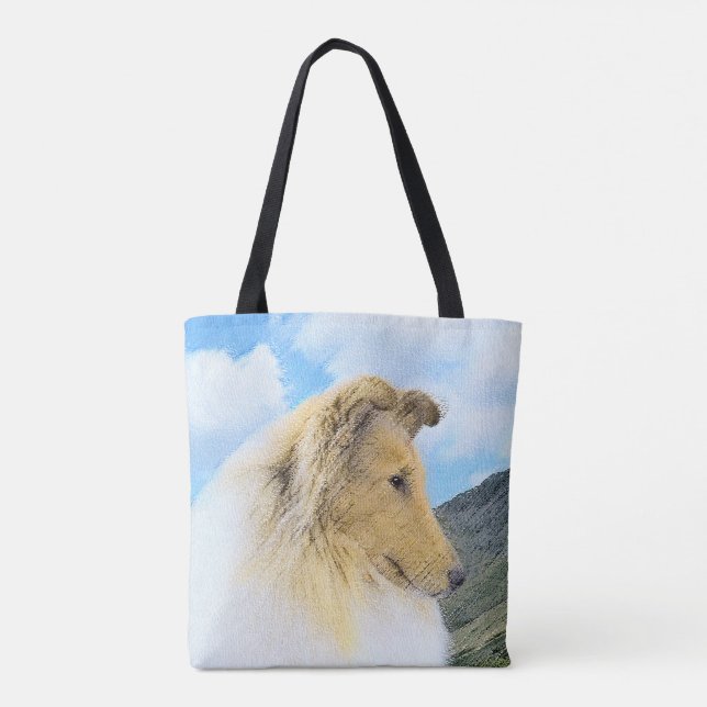 Bolso De Tela Collie in Mountains (Rough) Pintura - Perro Art (Reverso)