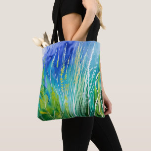 BOLSO DE TELA COLOR AZUL Y VERDE CON ALGAS