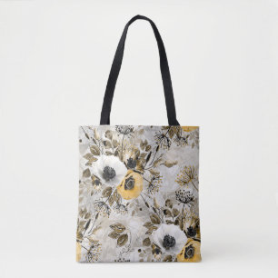Bolso De Tela Color de agua blanco, flores amarillas