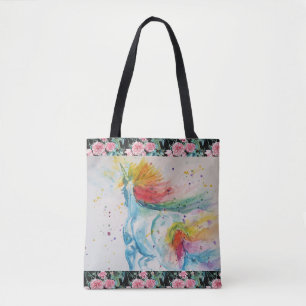 Bolso De Tela Color de agua de unicornio Arcoiris Rosas Verde az
