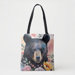 Bolso De Tela Color de agua del oso negro Arte floral