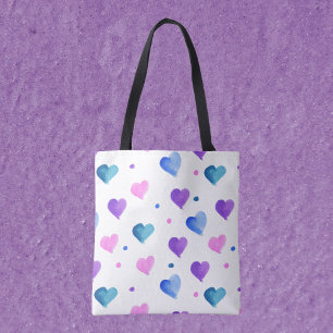 Bolso De Tela Color de agua del patrón del corazón Púrpura azul 