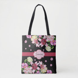 Bolso De Tela Color de agua floral Peony Lily Personalizado Negr