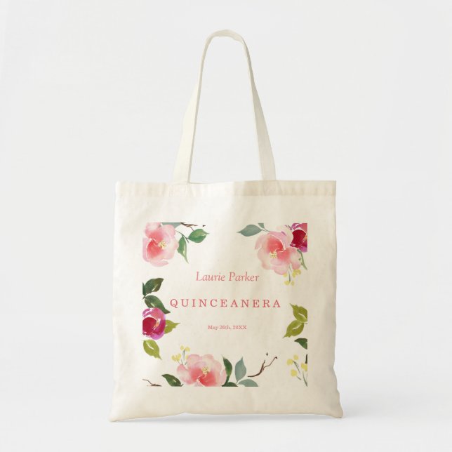 Bolso De Tela Color De Agua Floral Rosa Quinceanera Tote Bag (Frente)