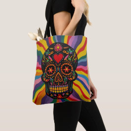 Bolso De Tela Colorful Sugar Skull Tote Bag with Rainbow Design