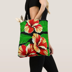 Bolso De Tela Coloridas hojas tropicales y flores hibiscus  