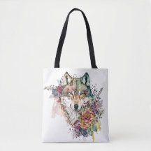 Colorido lobo y florals acuarela en la naturaleza