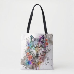 Bolso De Tela Colorido lobo y florals acuarela en la naturaleza