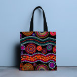 Bolso De Tela Colorido patrón tribal de arte de dot australiano<br><div class="desc">Este diseño moderno presenta un colorido patrón de puntos tribales pintados en naranja brillante,  morado,  verde,  turquesa y blanco sobre un fondo negro.</div>