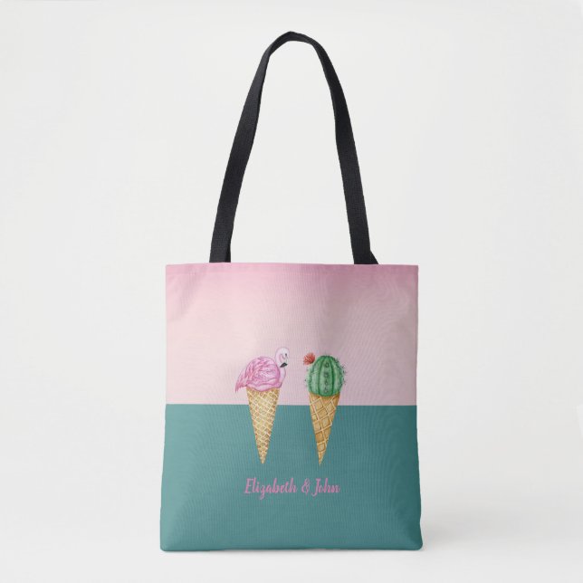 Bolso De Tela Coloridos Helados Cones Cactus Flamingos Rosados (Anverso)