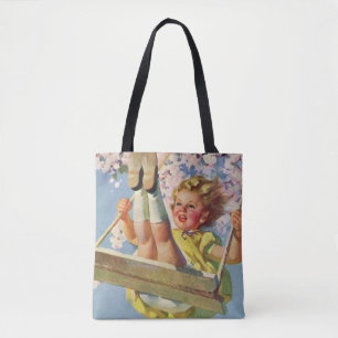 Bolso De Tela Columpio Vintage, niña columpiándose en un juego d
