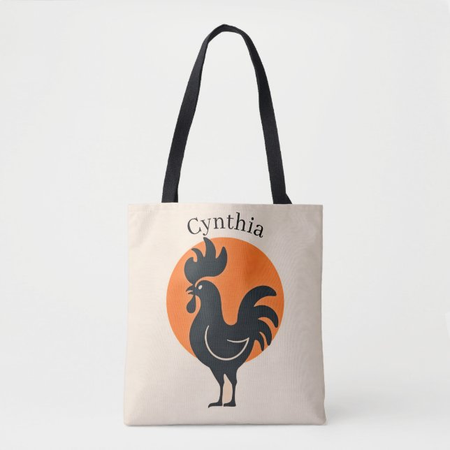 Bolso De Tela Cómico gallo con sol Naranja (Anverso)