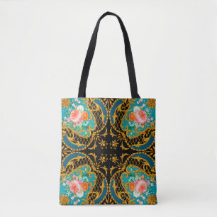 Bolso De Tela Composición cuadrada con flores rosadas y naranja