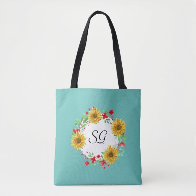 Bolso De Tela Compras personalizadas de girasoles en monograma (Anverso)