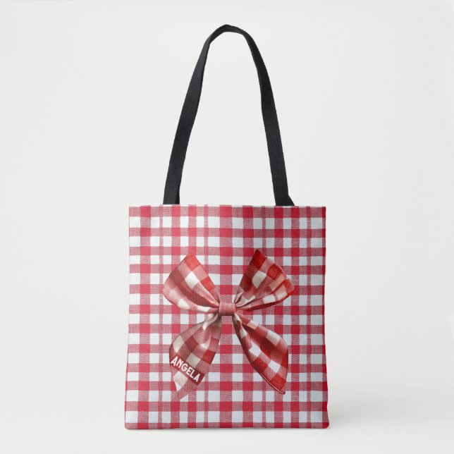 Bolso De Tela Comprobación de moda Bow Red and White Gingham (Anverso)
