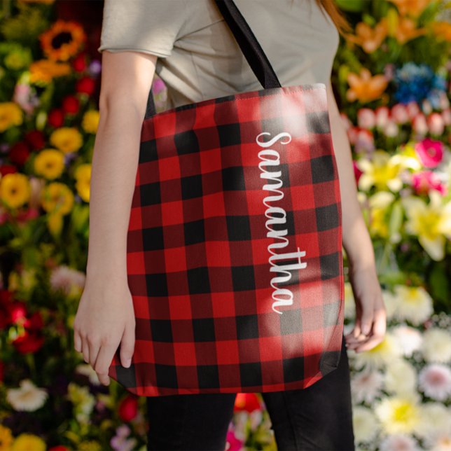 Bolso De Tela Comprobación personalizada de búfalo rojo y negro (Personalized Red and Black Buffalo Plaid Tote Bag)