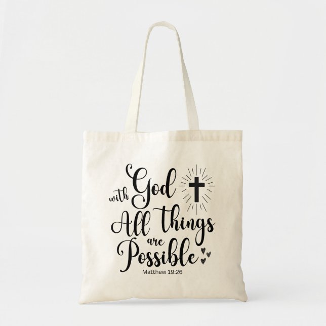 Bolso De Tela Con Dios todas las cosas son posibles - Mateo 19:2 (Frente)