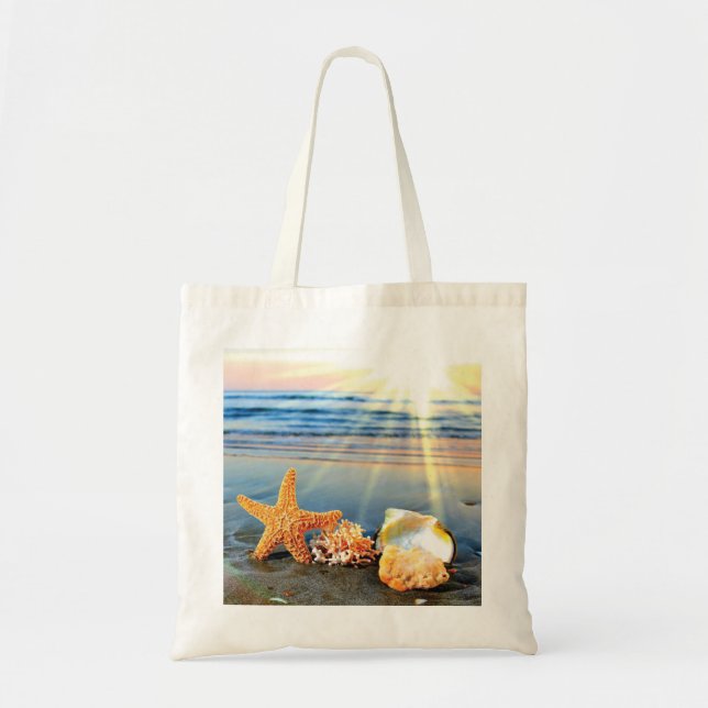 Bolso De Tela conchas de mar y estrellas de mar en la playa (Frente)