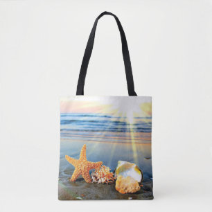 Bolso De Tela conchas de mar y estrellas de mar en la playa