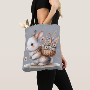 Bolso De Tela Conejito Adorable con Flores Arte Acuarela