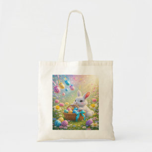 Bolso De Tela Conejito de Pascua con cesta de huevos y flores