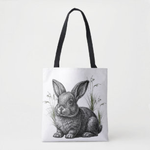 Bolso De Tela Conejito gris lindo entre la hierba