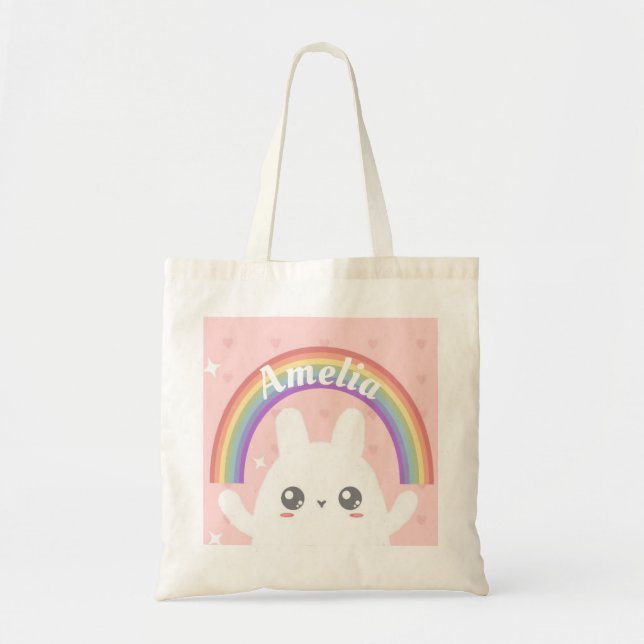 Bolso De Tela Conejito kawaii y arcoiris personalizados (Frente)