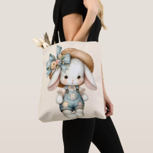 Bolso De Tela Conejito lindo en overoles con sombrero de paja y 
