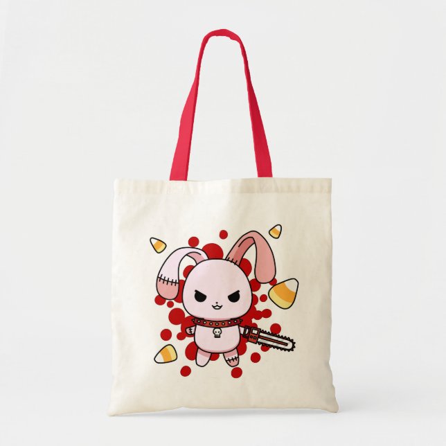 Bolso De Tela Conejito malvado lindo de Kawaii con la motosierra (Frente)