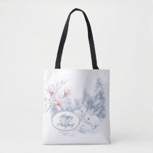 Bolso De Tela Conejitos Blancos Lindos en la Nieve Fiesta de Inv