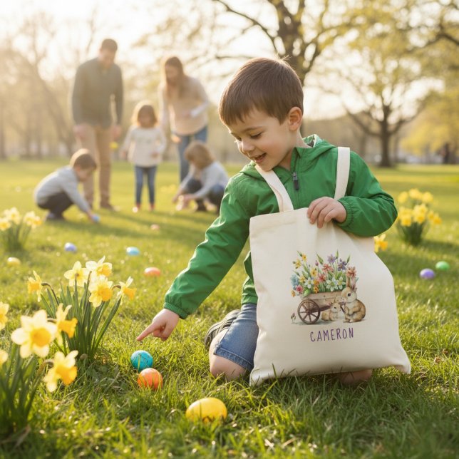Bolso De Tela Conejitos Personalizados de Pascua (Cute Bunnies Personalized Easter Tote Bag)