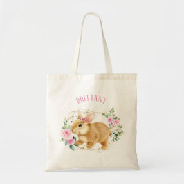 Bolso De Tela Conejo con flores rosadas y doradas Personalizado 