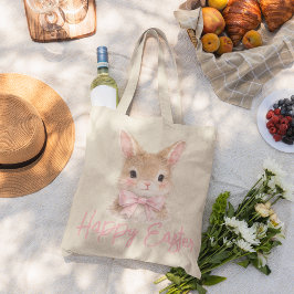 Bolso De Tela Conejo de Acuarela con Lazo Rosa | Conejito de Pas