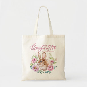 Bolso De Tela Conejo De Acuarela Lindo Corona Floral Rosa Pascua