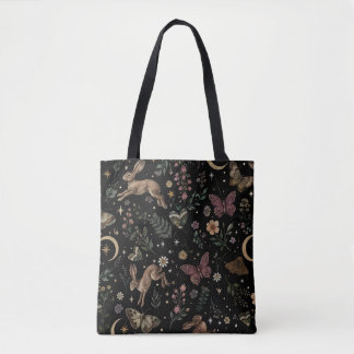 Bolso De Tela Conejo de Bosque Floral Mariposa Nocturna Patrón C