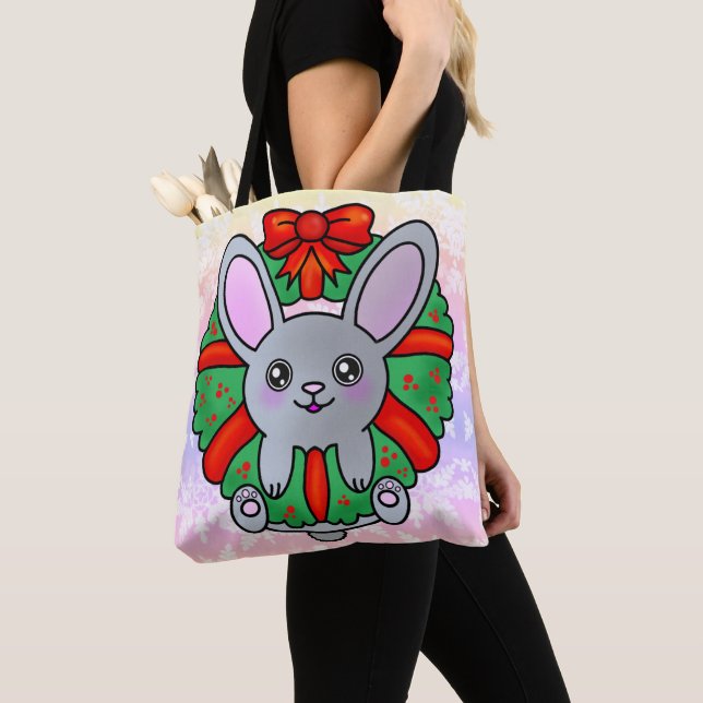 Bolso De Tela Conejo de navidades en guirnalda con copos de niev (Detalle)