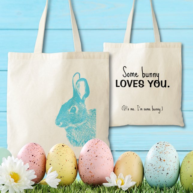 Bolso De Tela Conejo de Pascua Azul Mínimo Simple (Blue rabbit "some bunny loves you" stamped bunny bag is a cute alternative to a basket)