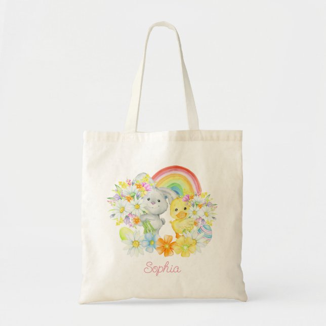 Bolso De Tela Conejo de Pascua con Arcoiris y Chick (Frente)