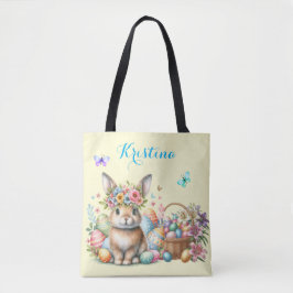 Bolso De Tela Conejo de Pascua con Cesta Floral y Huevos de Colo