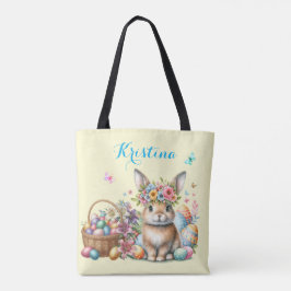 Bolso De Tela Conejo de Pascua con Cesta Floral y Huevos de Colo