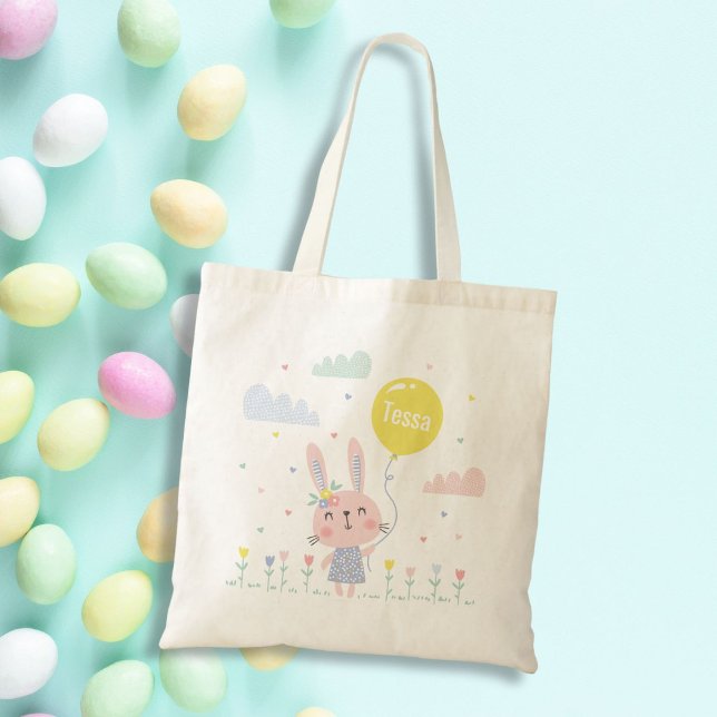Bolso De Tela Conejo de Pascua con flores, nubes y globos (Subido por el creador)