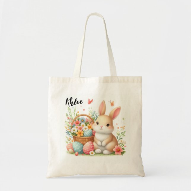 Bolso De Tela Conejo de Pascua con huevos y flores (Frente)