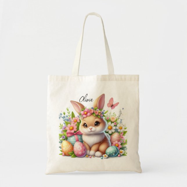 Bolso De Tela Conejo de Pascua con huevos y flores (Frente)