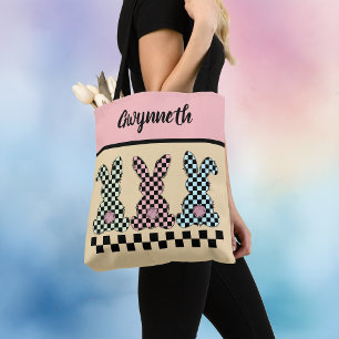 Bolso De Tela Conejo de Pascua Cuadros Rosa Verde Amarillo Nombr