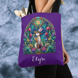 Bolso De Tela Conejo de Pascua de Vidrio Manchado Purple Whimsic