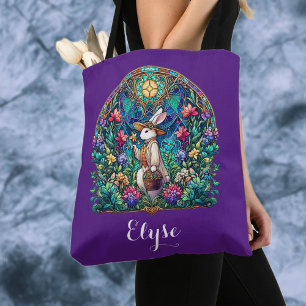 Bolso De Tela Conejo de Pascua de Vidrio Manchado Purple Whimsic