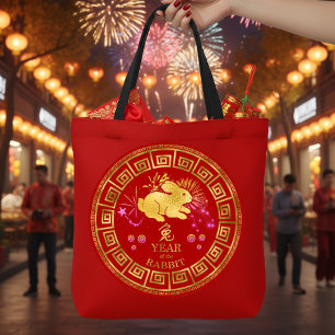 Bolso De Tela Conejo del Zodiaco Chino Rojo/Dorado ID542