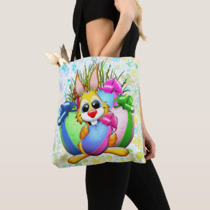 Bolso De Tela Conejo divertido mordiendo un huevo de Pascua