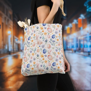 Bolso De Tela Conejo Flores Huevos Pastel Acuarela Atemporal