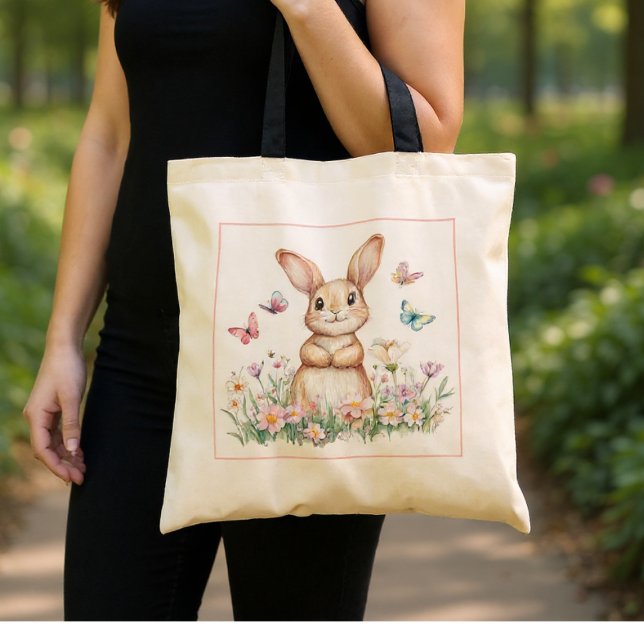Bolso De Tela Conejo lindo con mariposas y flores de primavera (Subido por el creador)